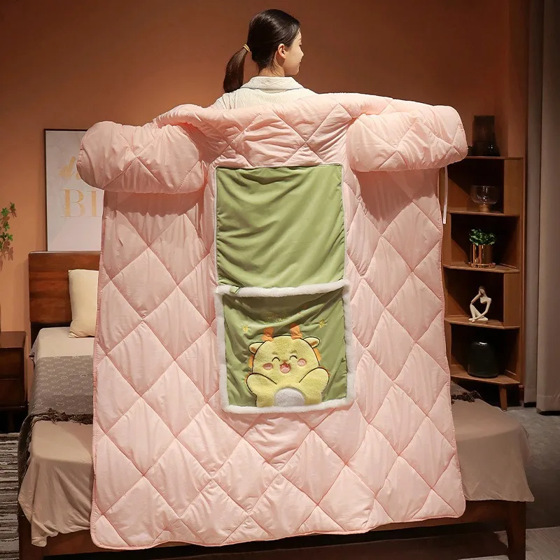 Wearable Lazy Quilt With Sleeves 2in1 Pillow Blanket Cartoon Thick Warm Office Nap Sofa Car Travel Foldable Pillow Quilt Winter