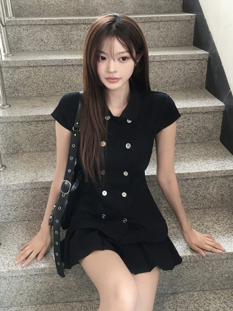 Fashionable Japanese Style Short Sleeve Shirt Jacket Women's Slim Fit Double Button Waist Cinched Lightweight Luxury Feel Top
