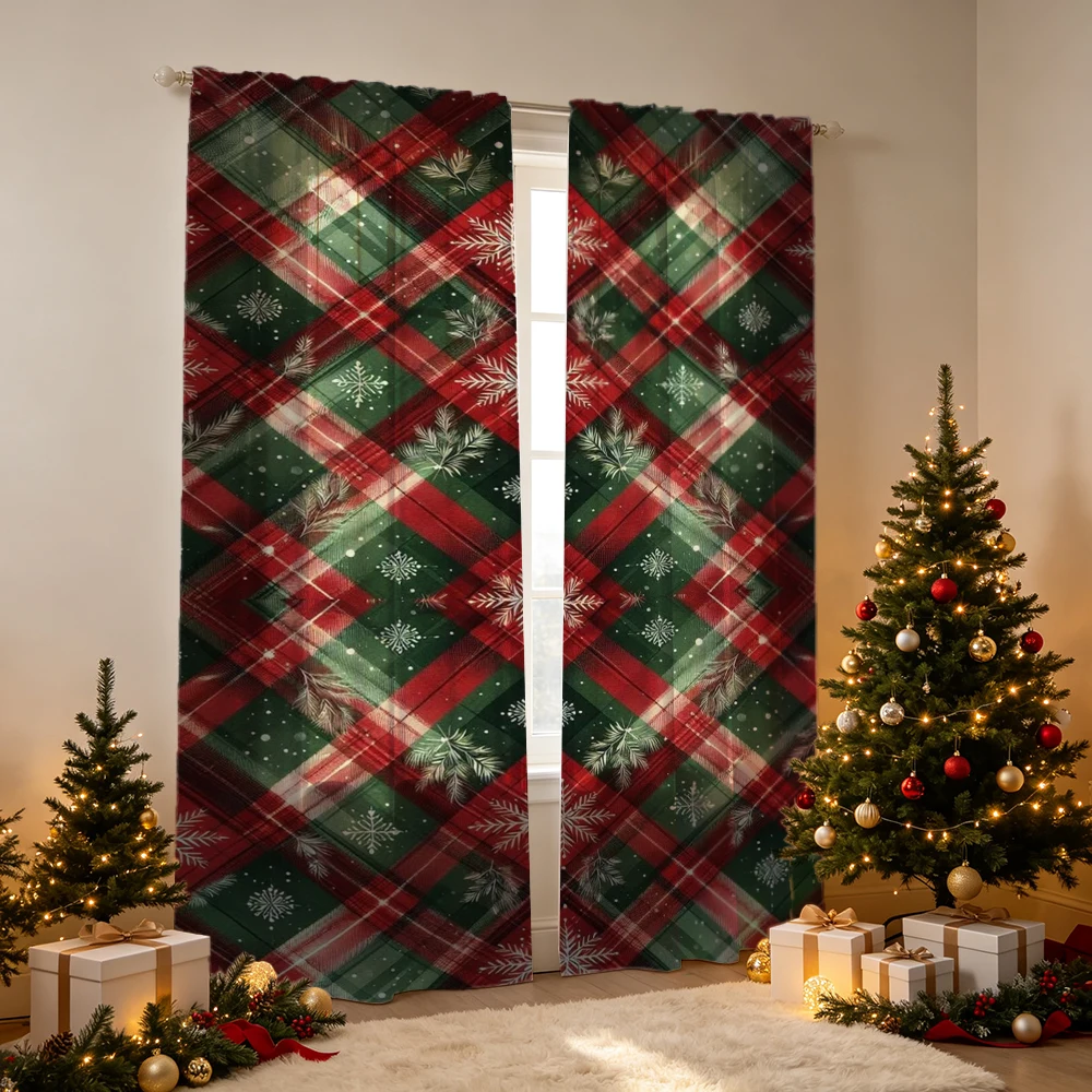 2PCS Christmas Curtains, Red green plaid snowflakes diagonal Print, Bedroom Window Drapes, Rod Pocket Polyester, Home Decor