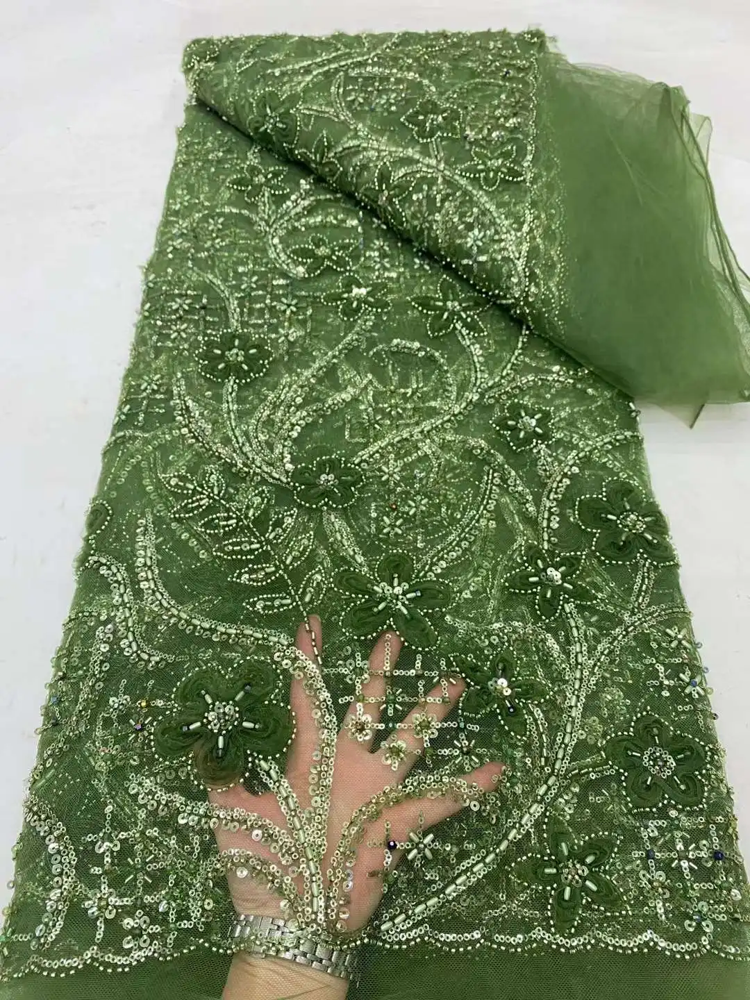 African Nigerian Sequins Fabric For Wedding Dress, French Embroidery, Heavy Bead Tulle Lace, Fashion, Elegant Green Sew Dp