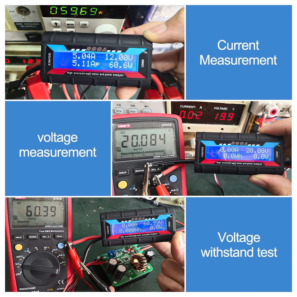 Watt Meter Reusable Professional 200A DC Voltmeter Amp Watt RC Battery Electrical Solar Panel LCD Screen Solar Power Analyzer