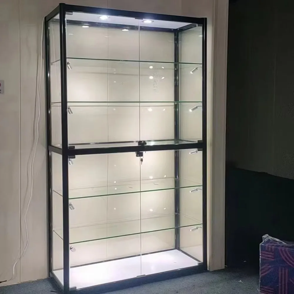 Retail Store LED Illuminated Lockable Opening Door Tempered Glass Display Showcase Glass Display Cabinet with Lights