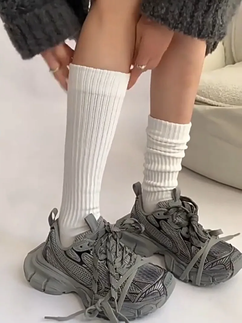 

High Quality Cotton White Socks Women's Striped Solid Color Knitted Stockings Ins Trendy College Style Long Slouch Pile-up Socks