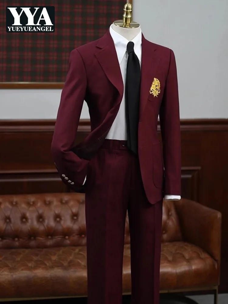 

British College Style Men Blazer Suit Single Breasted Two Button Coat Two-Piece Set Spring Autumn Full Length Pant Matching Sets