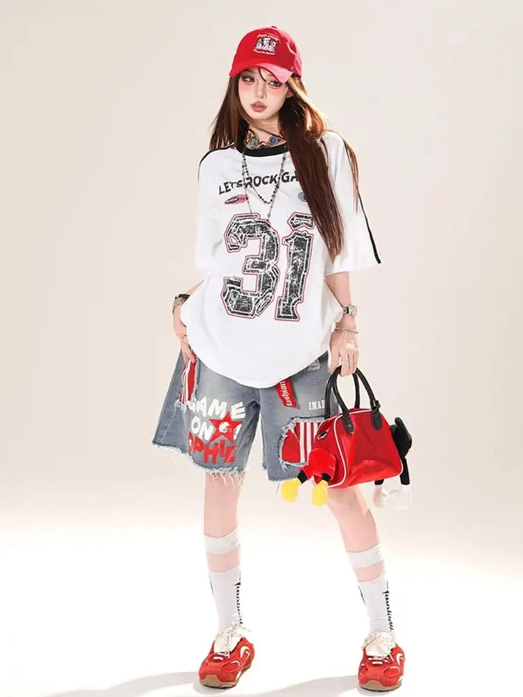 アメリカのバディスタイルユーズド加工デニムショーツ女性の Y2K 美学ハイウエスト A ラインルーズフィットパンツストリート原宿レトロ