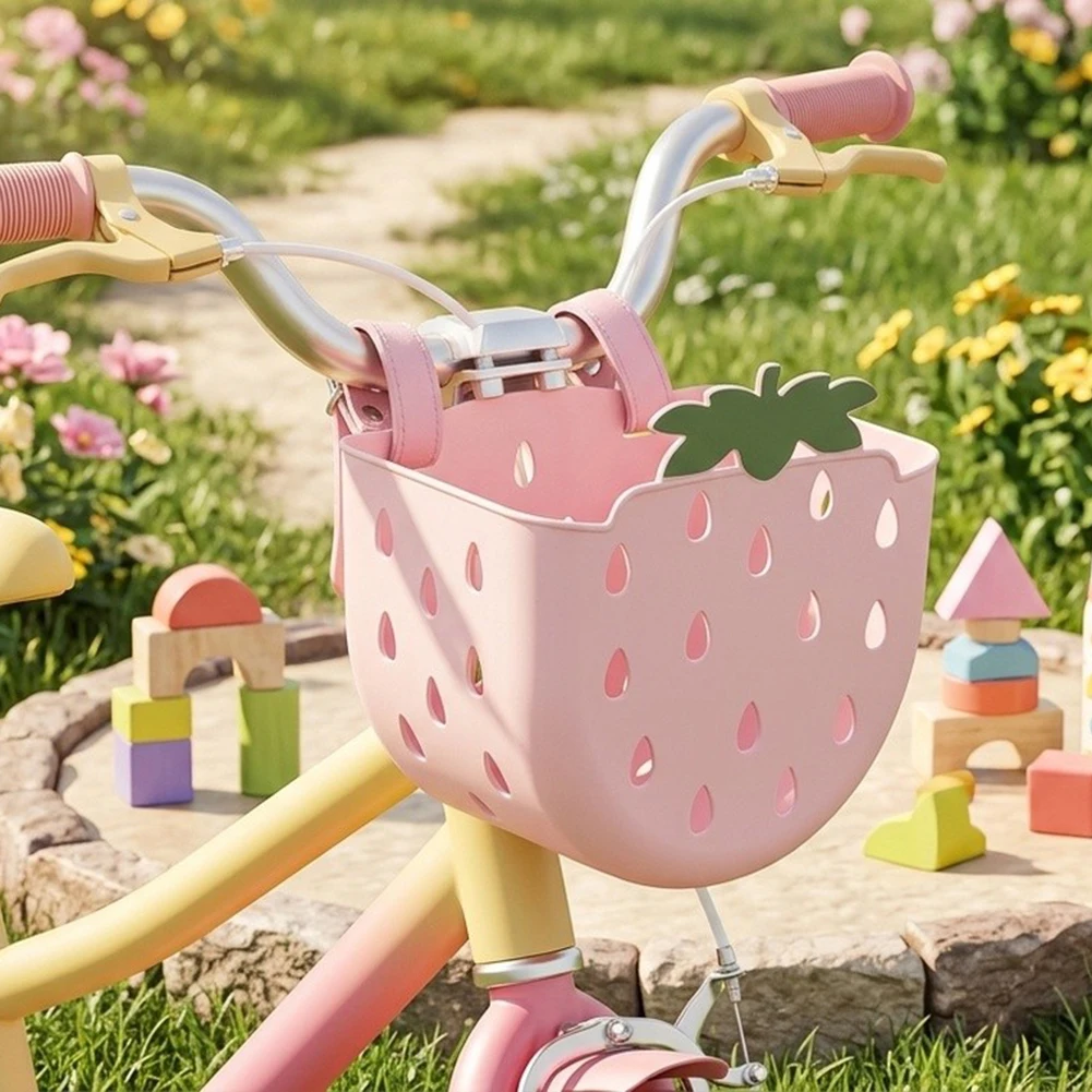 1Pcs Front Bicycle Handlebar Basket Cartoon Cute Pattern Plastic Storage Basket With Belts Removable Carrier Storage Organizer
