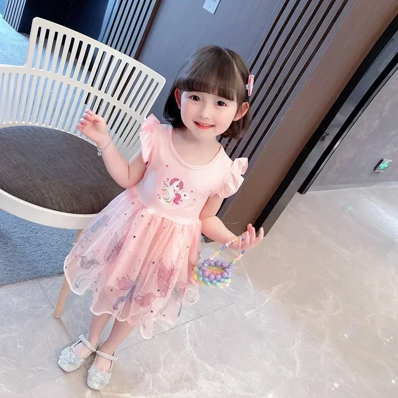 Girls Clothes 2024 New Summer Princess Dresses Flying Sleeve Kids Dress Unicorn Party Baby Dresses for Children Clothing 2-7Y