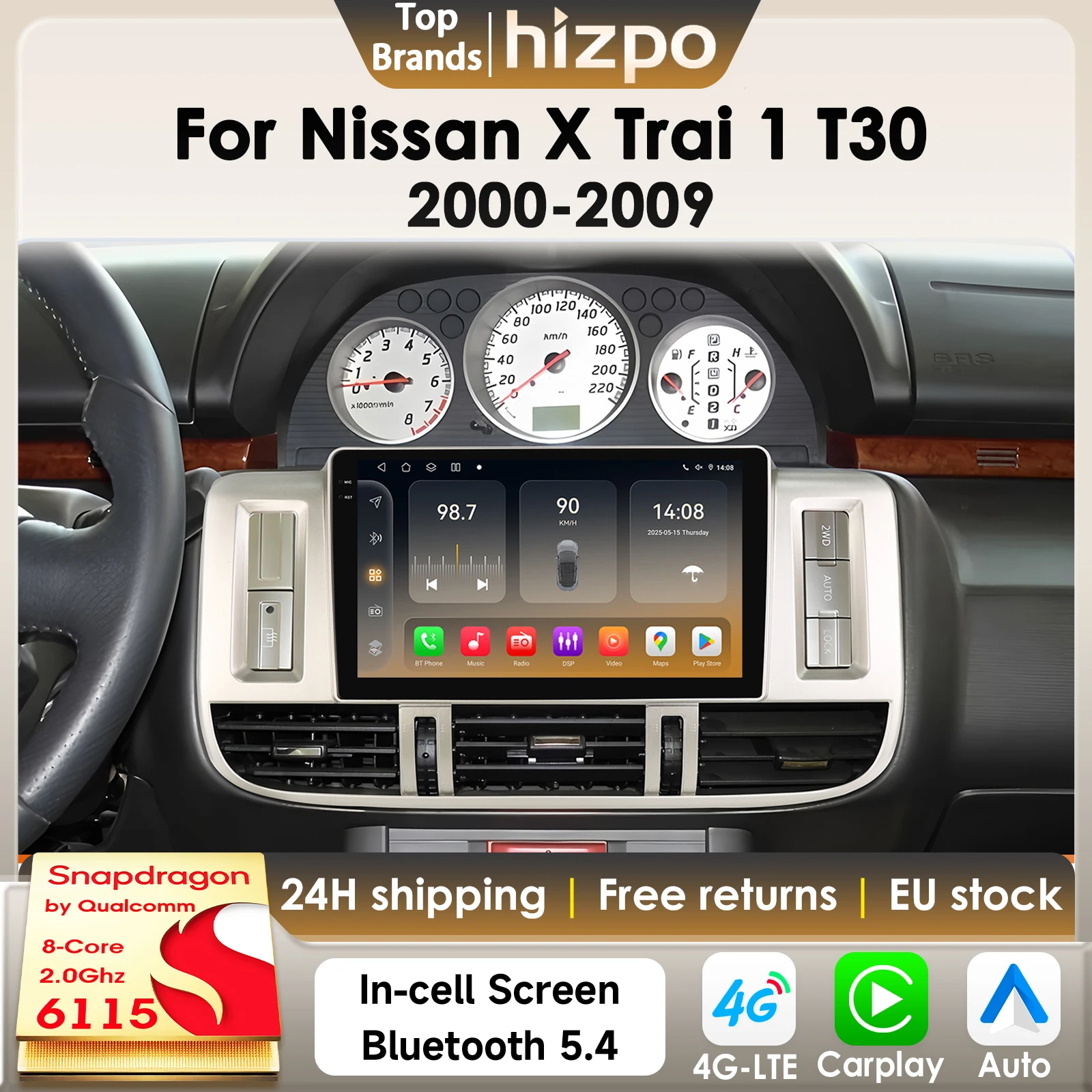 Hizpo 8G 128G 2Din Android 14 Autoradio für Nissan X-Trail 1 T30 2000 - 2009 AI Auto-Multimedia-GPS 4G Carplay mit Snapdragon6115