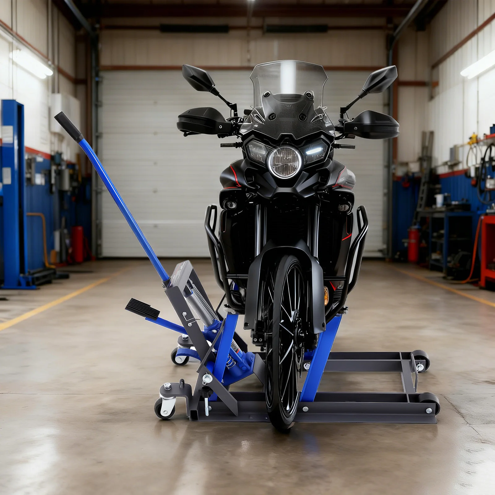 Soporte Hidráulico Azul para Reparación de Motocicletas, Diseño de Elevación Hidráulica, Marco de Soporte Universal Portátil para Mantenimiento de Motocicletas