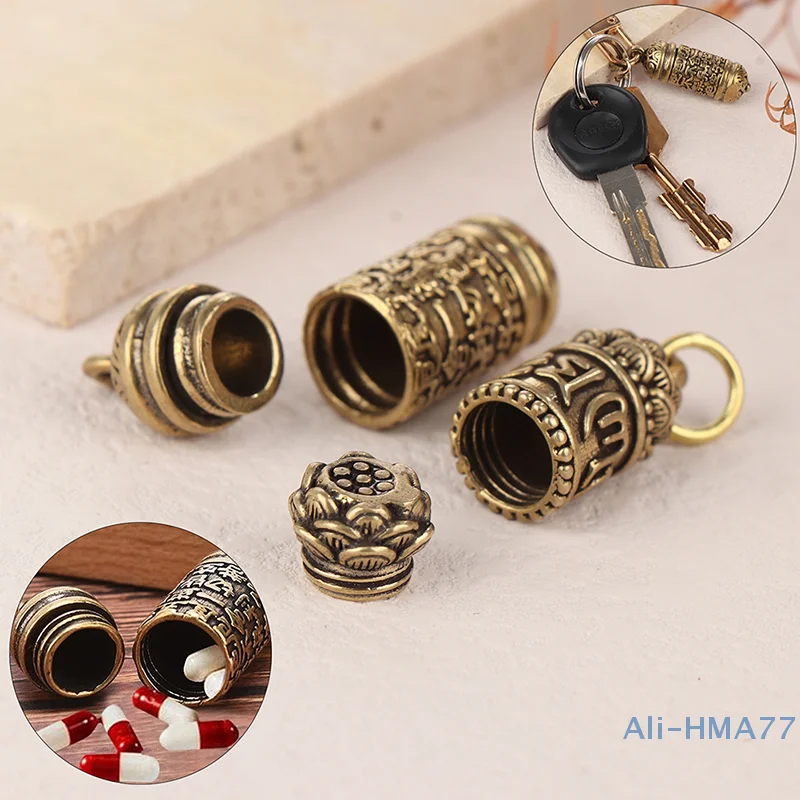 1Pc Hollow Brass Buddha  Sutra Cylinder Pendant Keychain Handmade Vintage Pill Box Container Bottle