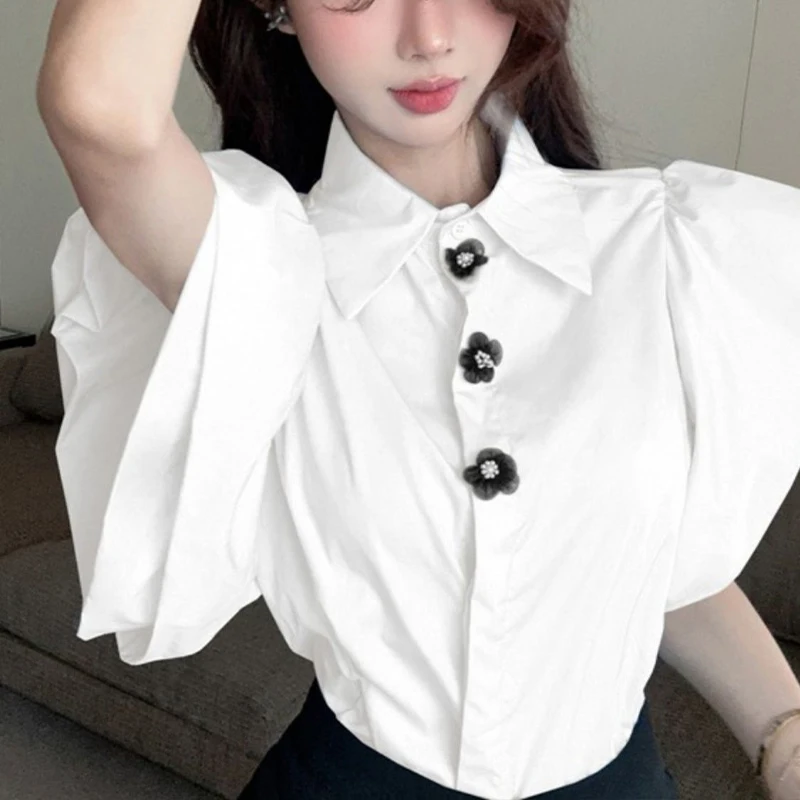 Popular Retro Unique Bubble Sleeves Small Shirt for Women\'s Summer New French Beautiful Sweet Casual Chic High Street Trendy Top