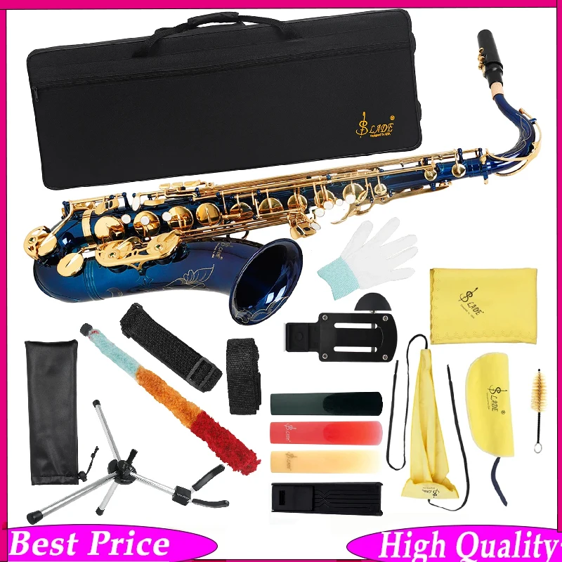 SLADE Tenor B Saxophone Brass Blue Gold Key Hand Carved White Shell Woodwind Instrument with Accessories for Playing