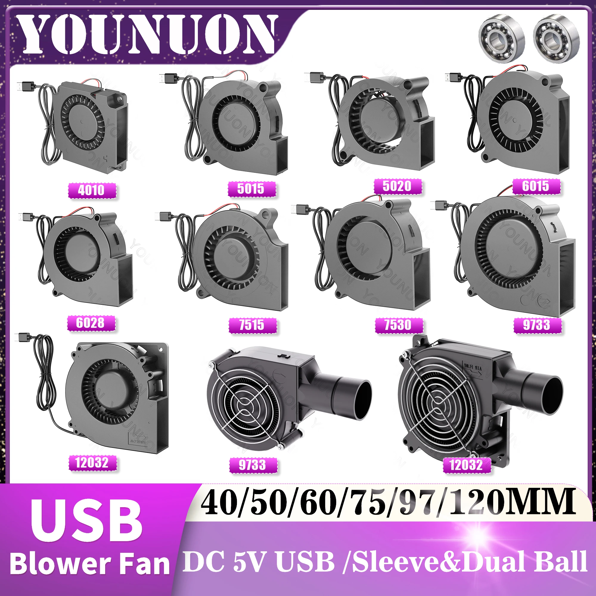

DC 5V USB 40MM 50MM 60MM 75MM 97MM 120MM Вентилятор охлаждения Бесщеточный двигатель Корпус Вентилятор Вентилятор Вентилятор Увлажнитель Вентилятор Индукционная плита Вентилятор