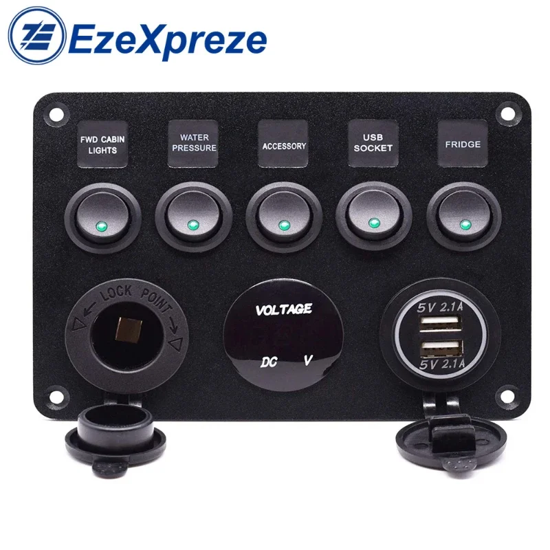 

5 Gang Boat Switch Panel 12V Power Outlet Voltmeter 4.2A Dual USB Charger for Car Boat Marine RV Rocker Panel Switches