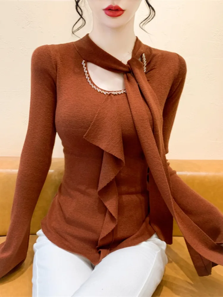 Ele redondo ne longo sve blusa de malha feminina moda primavera outono pérola grânulo embelezado blusa commute sle