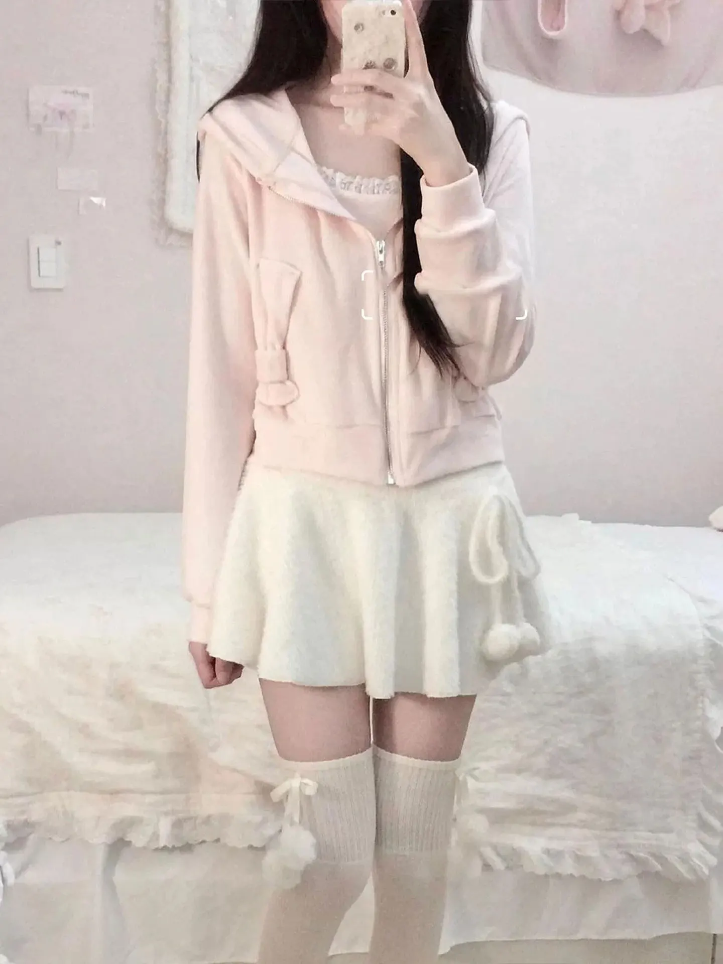 Sweet Pure Desire White Knitted Ruffle Hem A-Line  Skirt for Women Autumn Winter New Style Plush Half-length Skirt