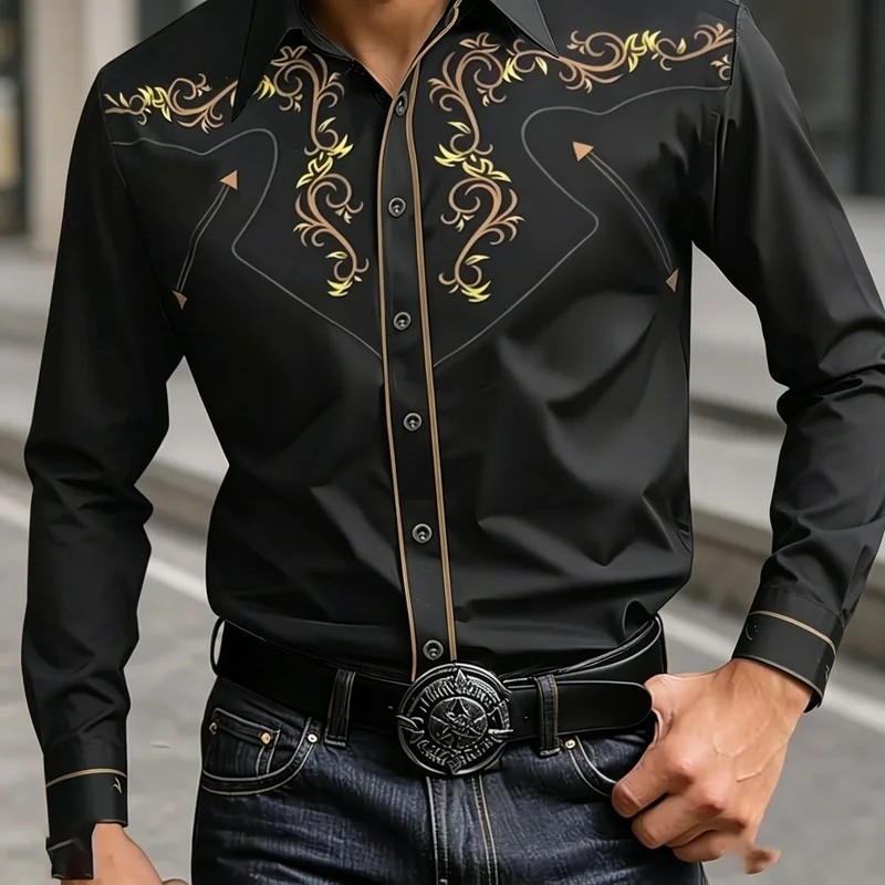 Black and Gold Vine Print Western-Style Men's Long-Sleeved Shirt, Slim Fit, Turn-Down Collar, American Retro Casual Shirt.