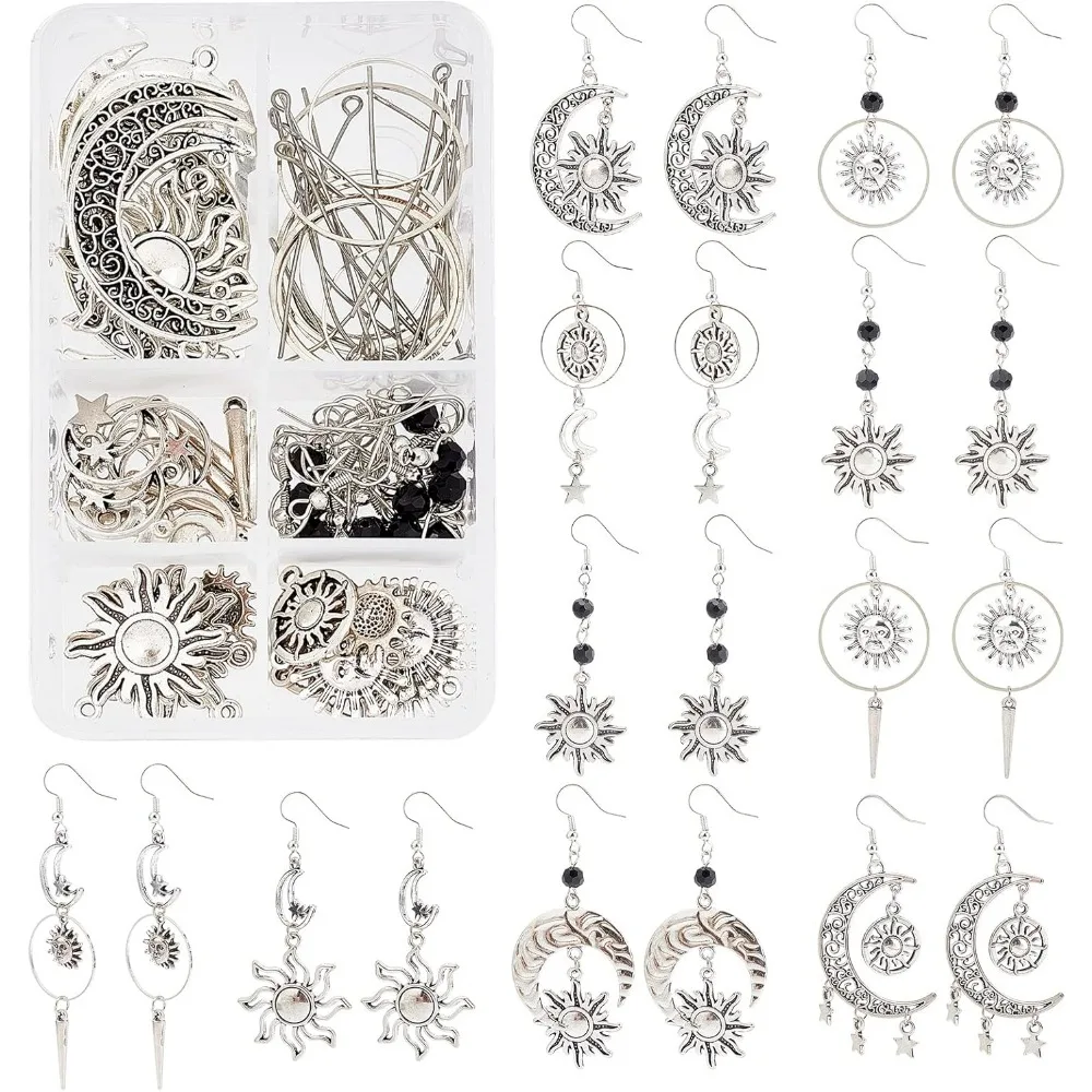 1 коробка DIY 10 пар висячих сережек со звездой, луной и солнцем, комплект для изготовления тибетских антикварных серебряных подвесок, стеклянные граненые бусины для ювелирных изделий 1 коробка DIY 10 пар висячих сережек со звездой, луной и солнцем, комплект для изготовления тибетских антикварных серебряных подвесок, стеклянные граненые бусины для ювелирных изделий