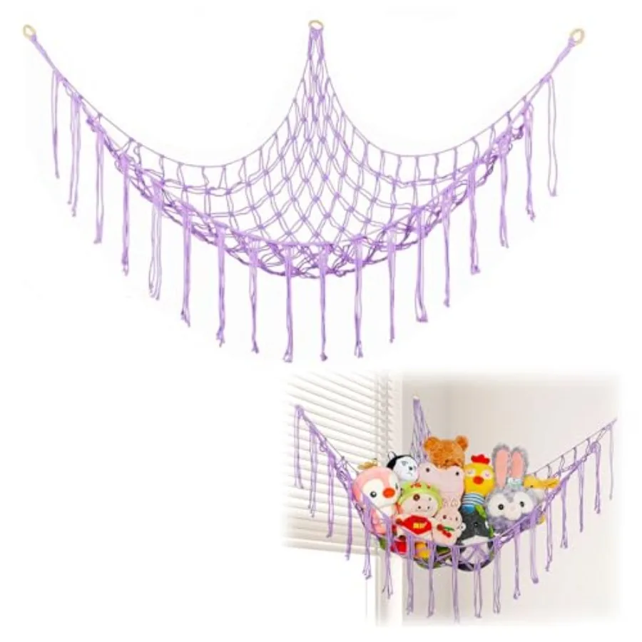 Stuffed Animal Net Hammock Corner for Plushie Toys, Plushie Net for'Room Decor, Stuffed Animal Storage, 1 Pack, Purple with Hoo