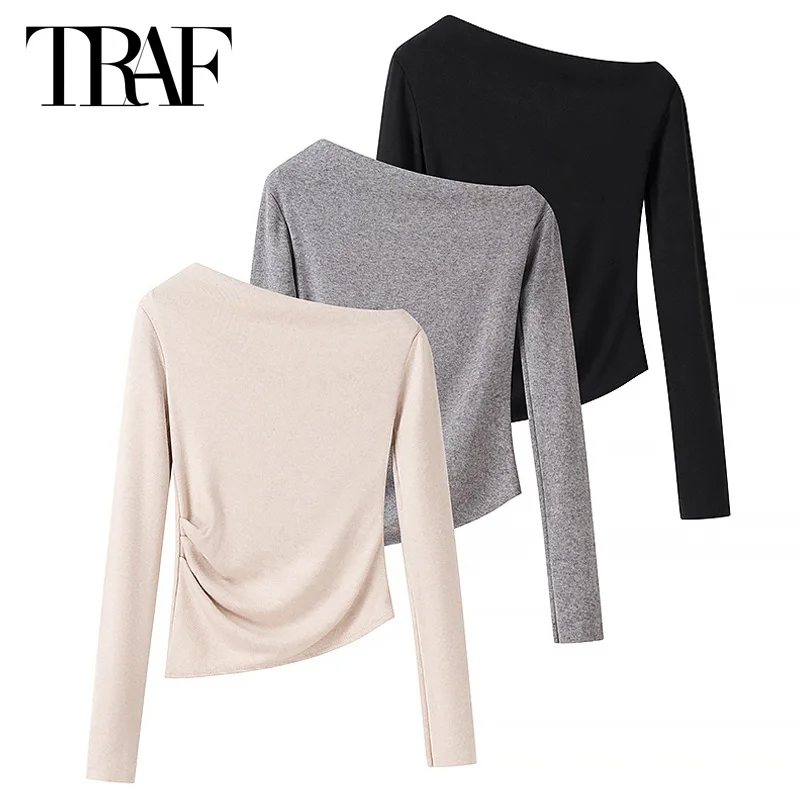 TRAF Asymmetric Knit Pullovers Women's Sweater Crop White Grey Black Knitwear Ruffled Long Sleeve Top Chic Korean Style Jerseys