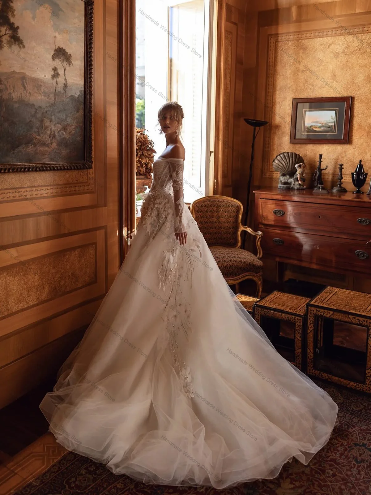 

Luxury Wedding Dress Appliqued Sexy Sweetheart Full Sleeves Flower A Line Boho Beach Bridal Gown Customized Lace Up Back Robe