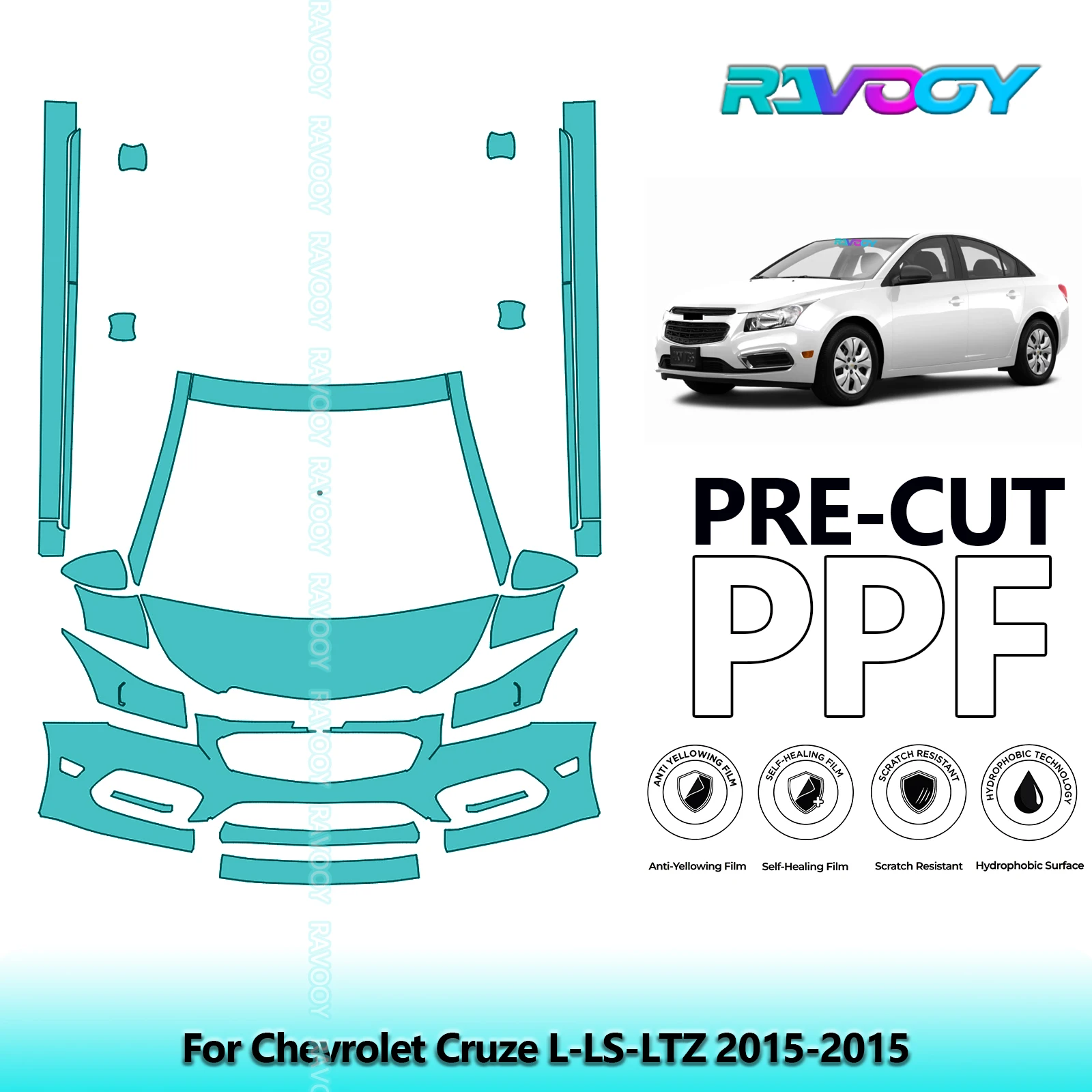 RAVOOY 8.5Mil Custom-Fit Precut TPU PPF Front Kit+Rockers Clear Bra Stone Guard EU UK For Chevrolet Cruze L-LS-LTZ 2015-2015