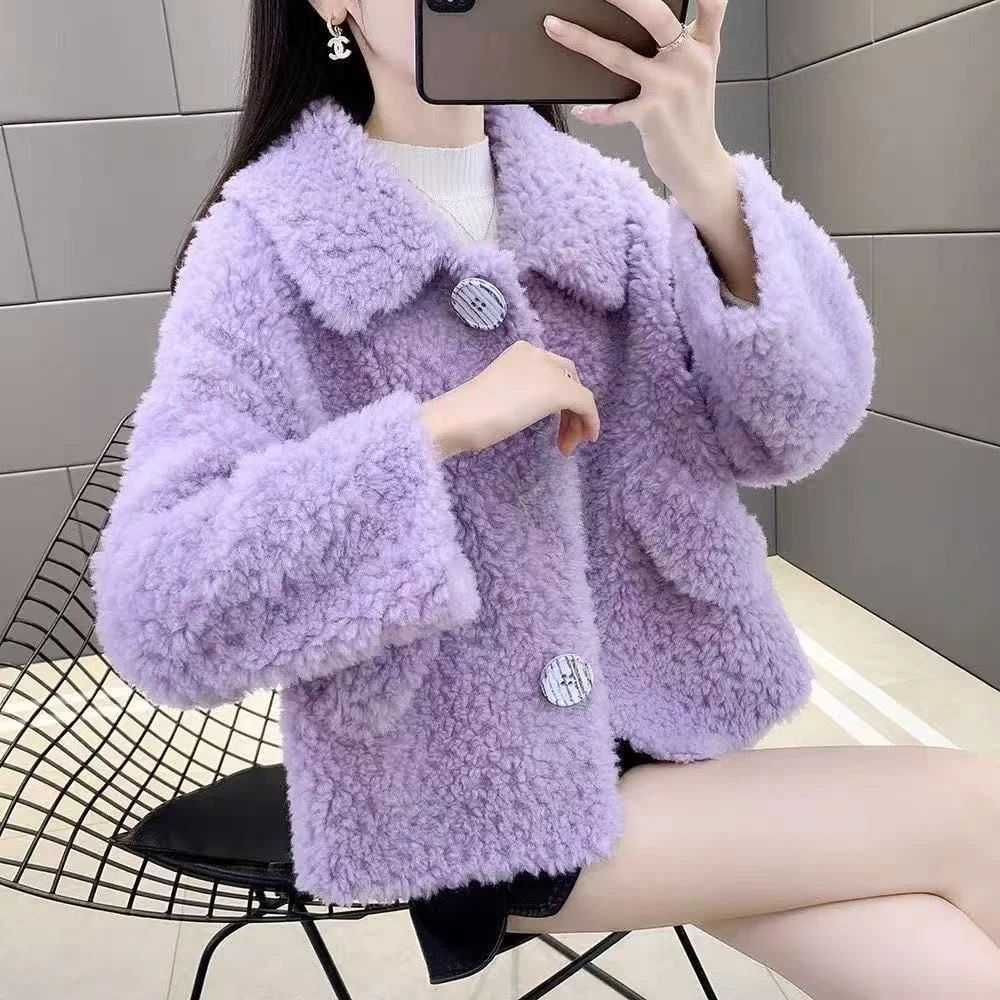 Women's Purple Lamb Fur Jacket 2026 Autumn Winter New Style Compact Size Integrated Skin And Fur Warm Short Coat Button Closure