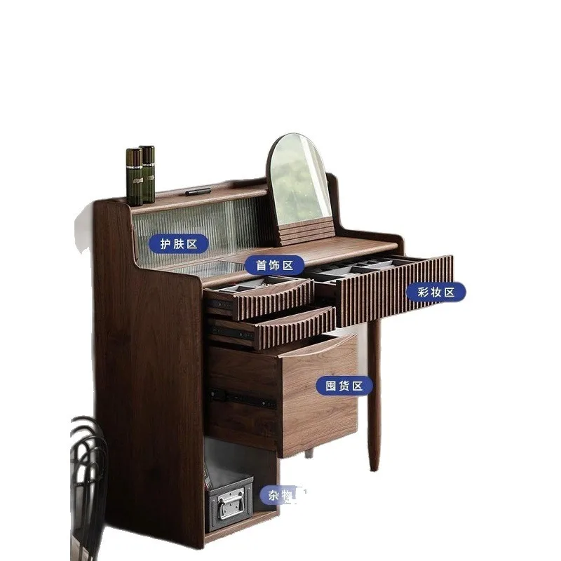 Nordic simple black walnut dresser, all solid wood light luxury makeup table, bedroom multi-functional integrated makeup cabinet