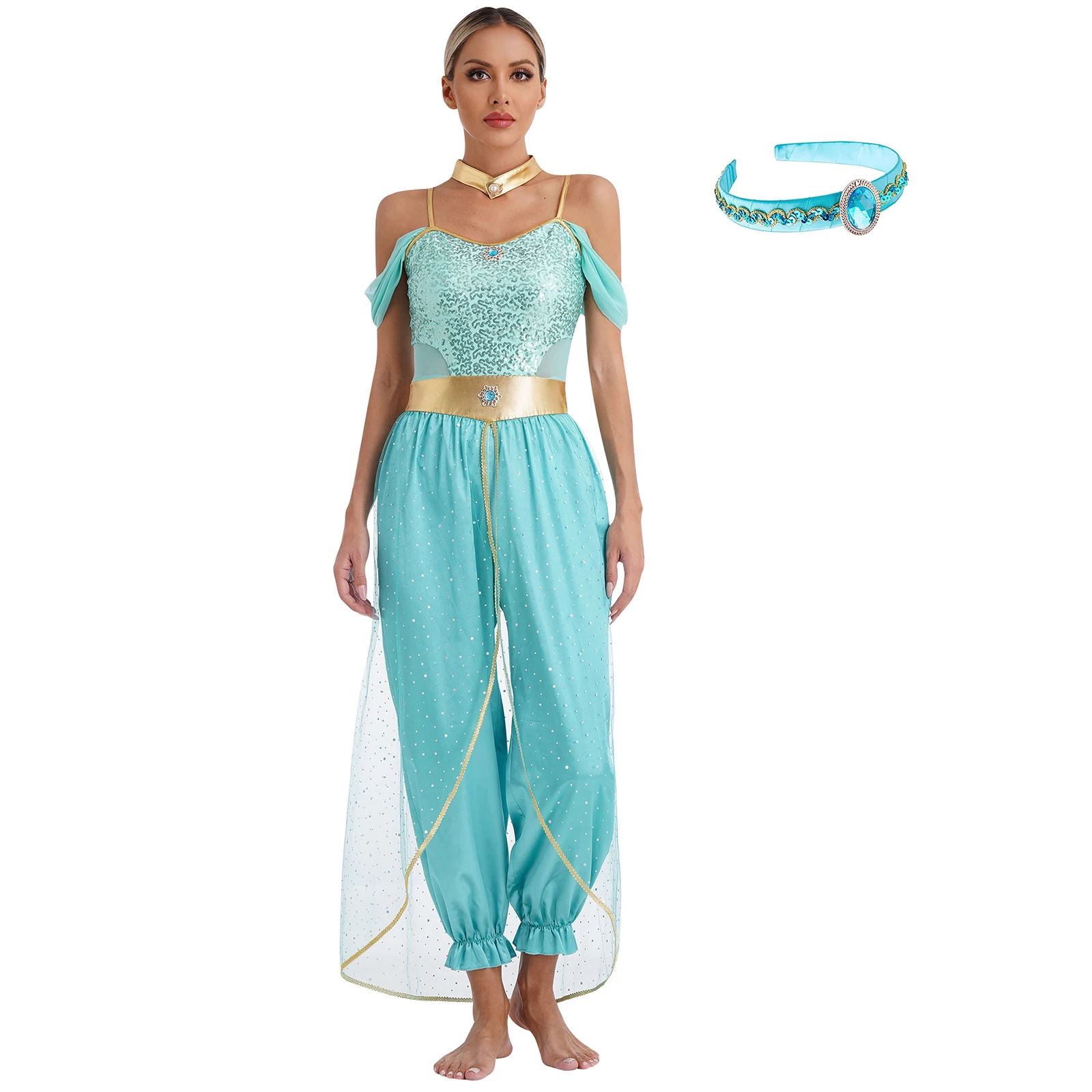 Women Arabian Princess Cosplay Costume Shiny Sequin Mesh Jumpsuit with Choker Gems Headband for Halloween Theme Party Carnival