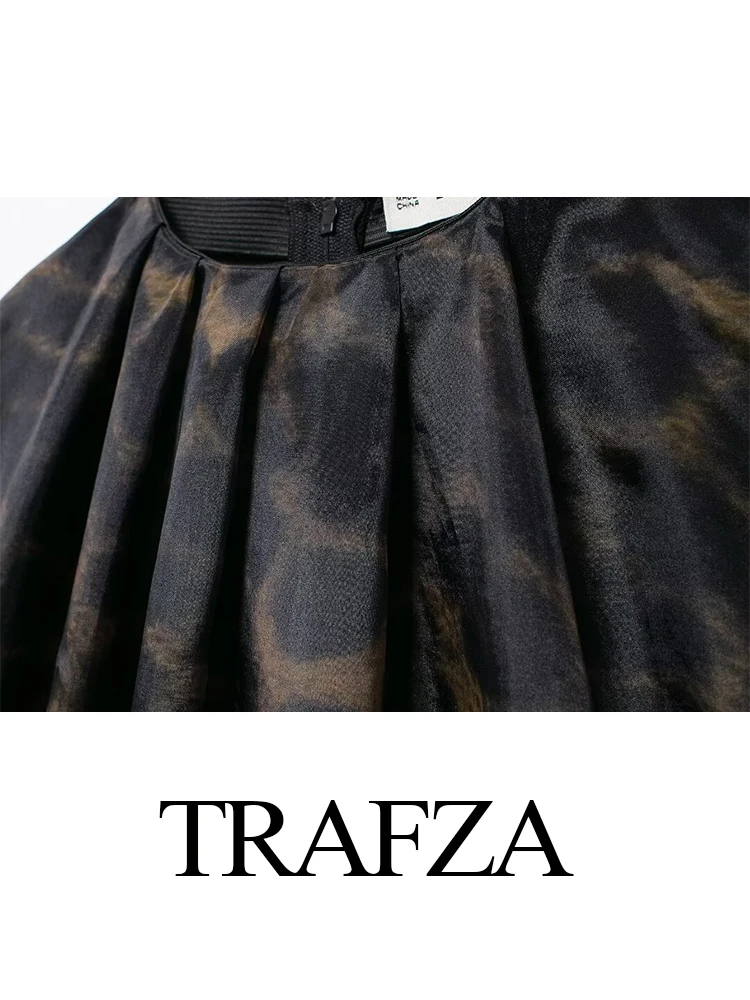 TRAFZA Women Fashion Leopard Double Layer Organza Zip Top Female Black Elegant Pleated Oversize Short Sleeve Casual Blouse Mujer