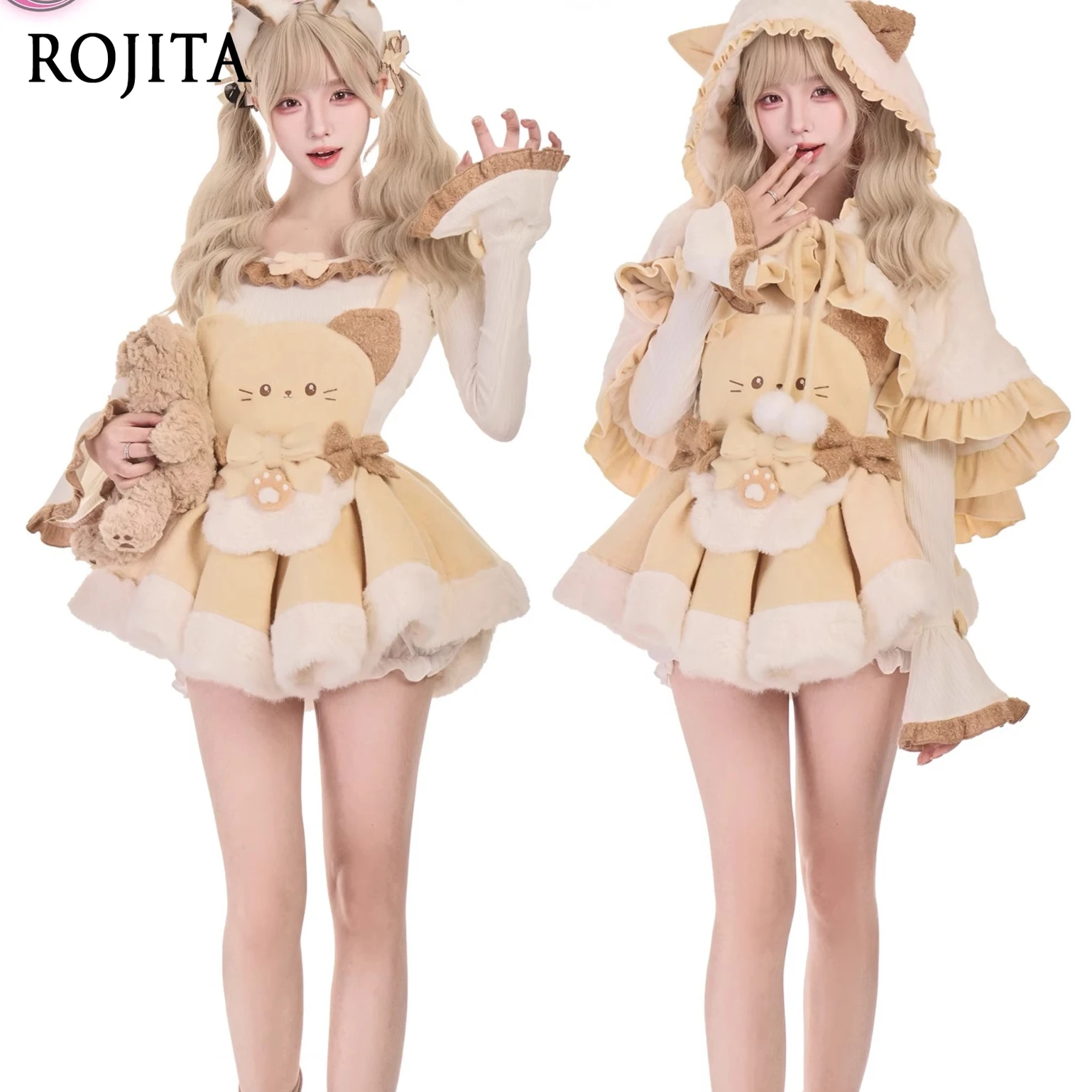 

Cloak for Girls Autumn Winter Apricot Bell-Sleeve Slim-Fit Round Neck Knitted Top Cream Yellow Color-Block Kitten Strap Dress