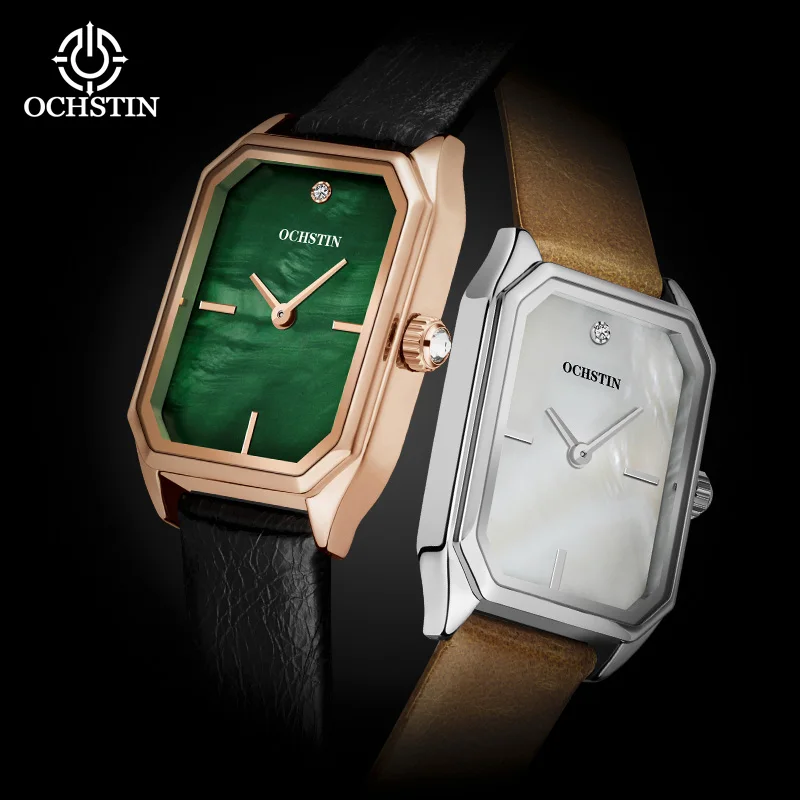 OCHSTIN New Fashion Rectangular Case Rose Green Watches Women Luxury Charming Rhinestone Dial Clock Ladies Leather Wristwatches