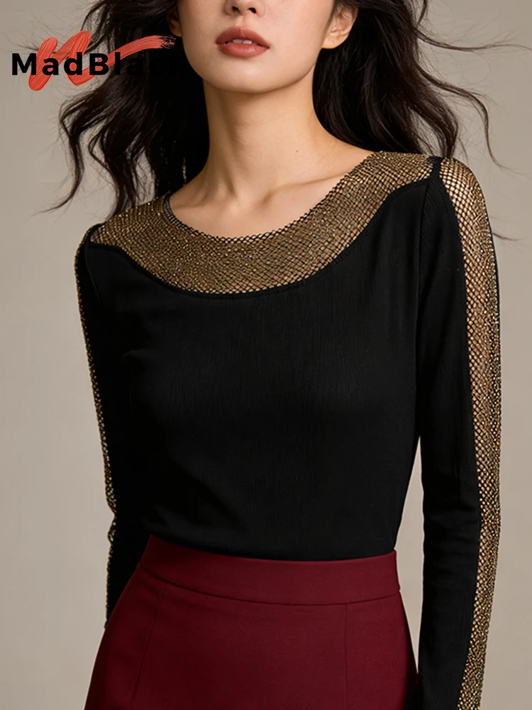 

MadBlack-Женская европейская футболка, сексуальная лоскутная рубашка с разрезом на шее и бриллиантами, уличная тонкая футболка с длинными рукавами S-3XL, зима 2025 T5D615CC