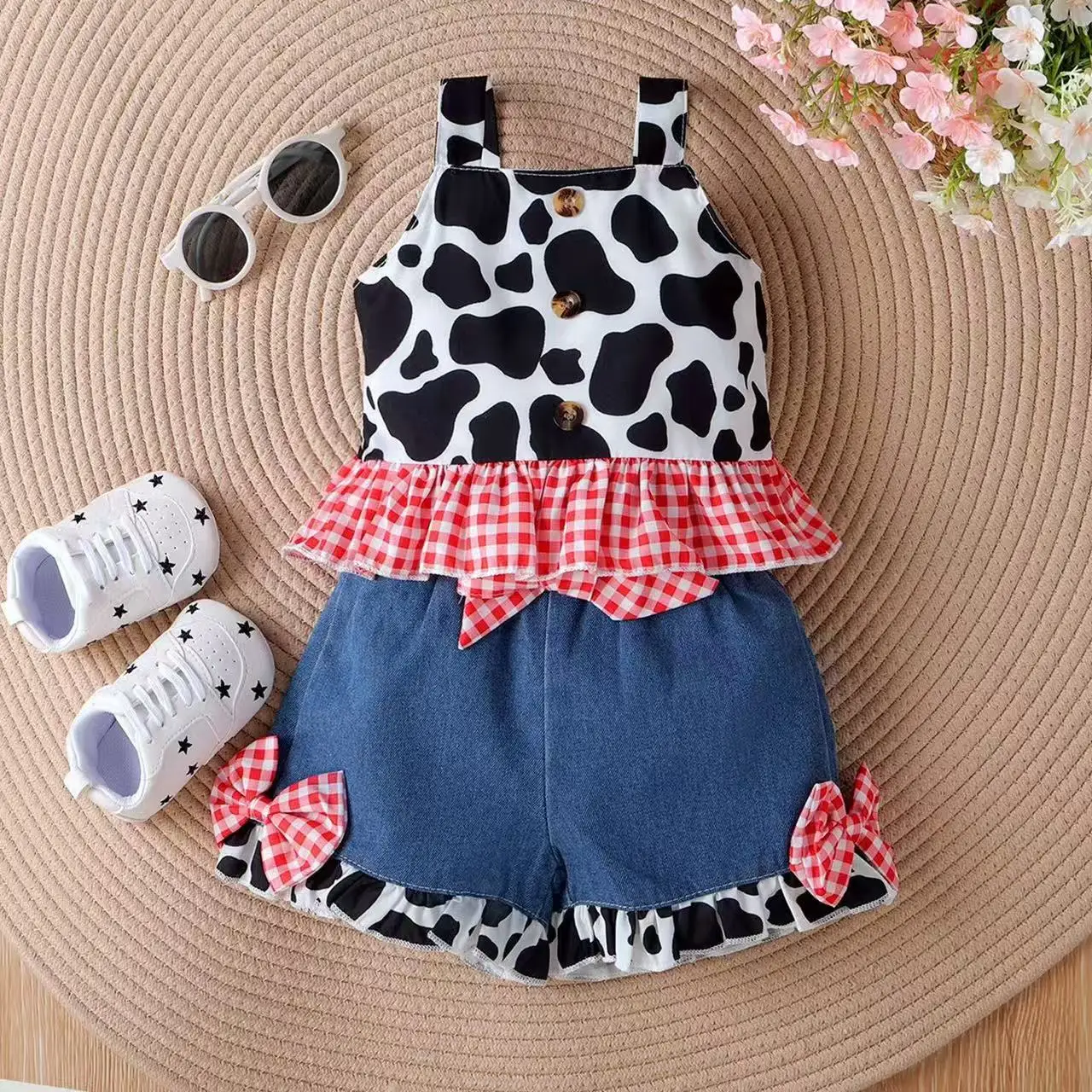 Kids Girls Fall Fashion Outfit  Cow Colorblock Plaid Sleeveless Top Bow Denim Shorts 2PCS Set for 12M-5Y