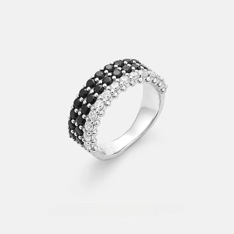 Black White Dense Inlaid Wide Ring with Silver ColorDesign Niche Personality Temperament High-end Feeling Personality Exquisite