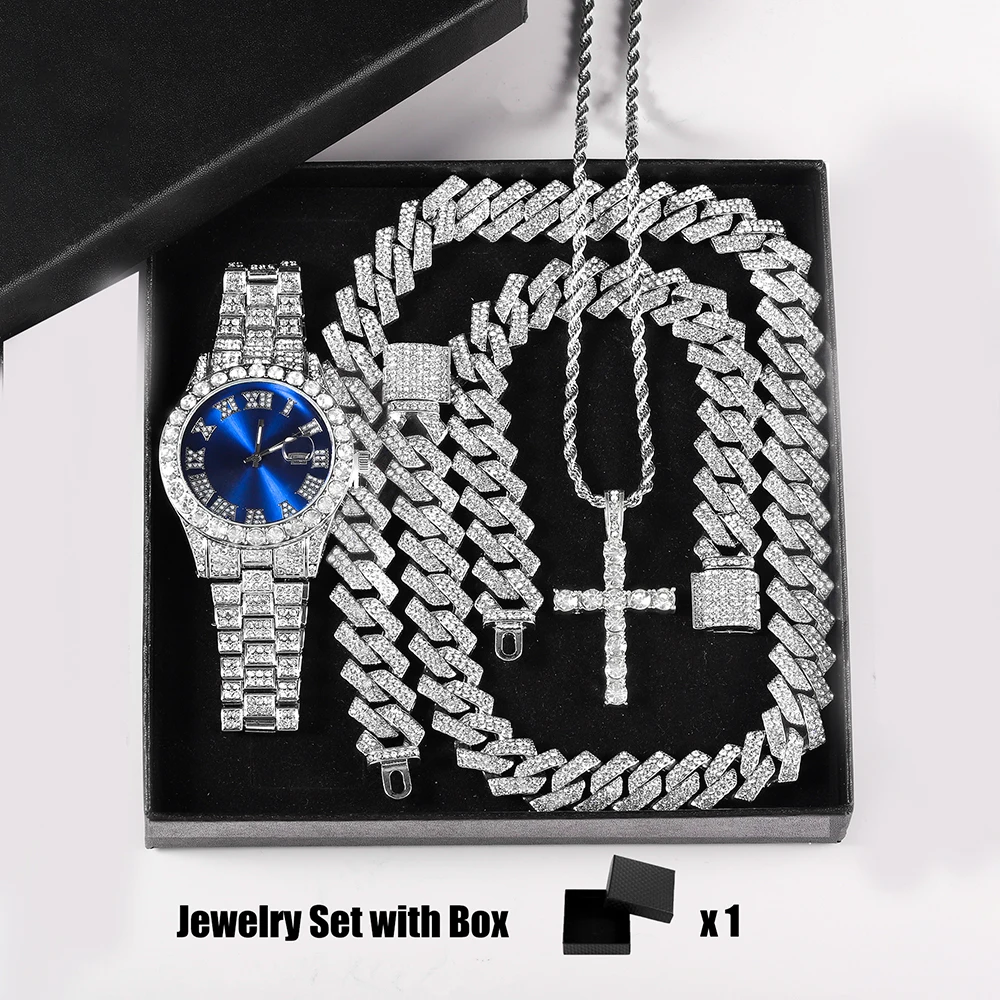 Quartz Watch Set Gift Box Cuban Necklace Bracelet Cross Classic Full Diamond Watch Shining Luxury Gift giving Festival Chain Hip