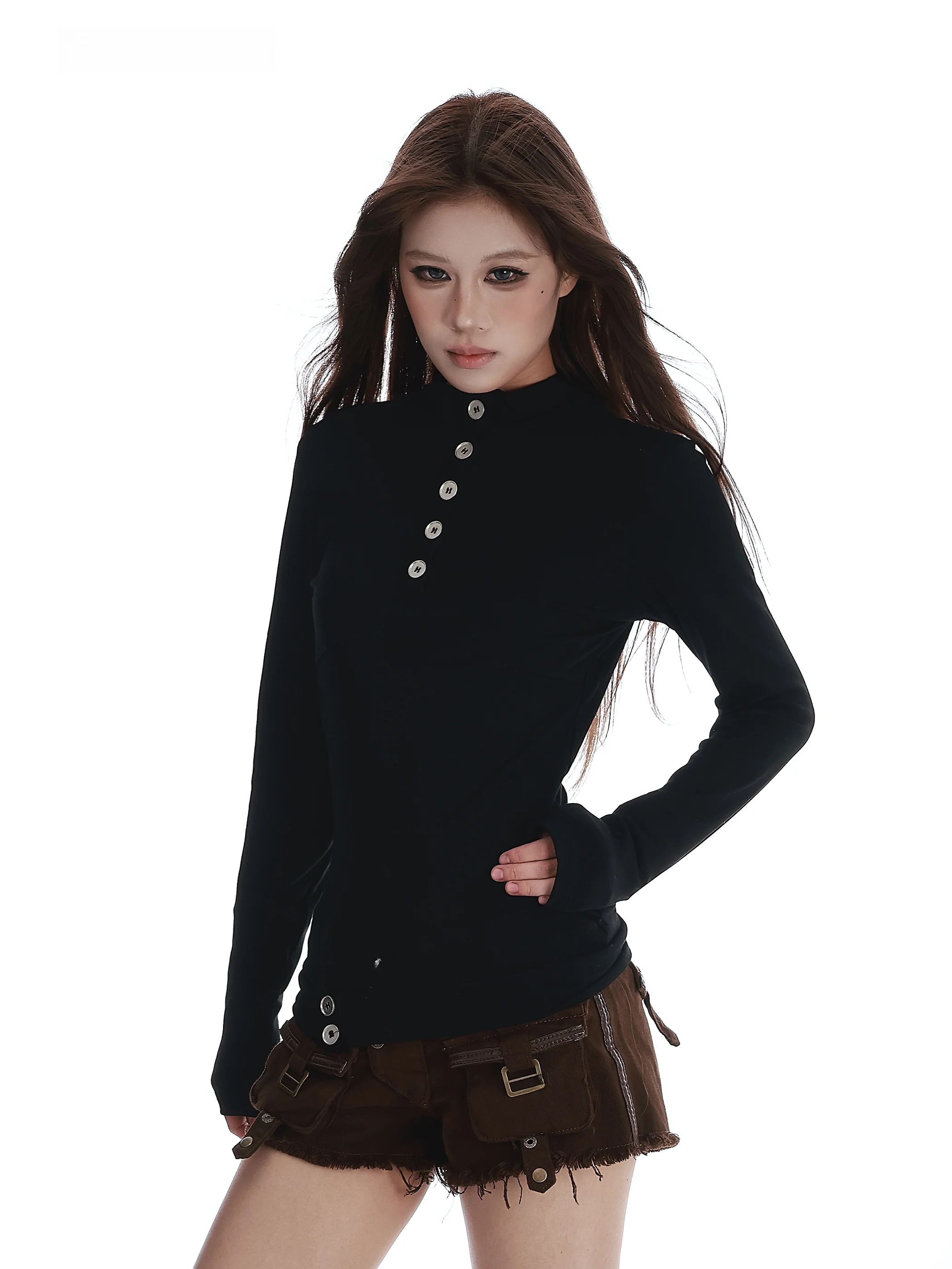 

Женская приталенная футболка с длинным рукавом и воротником-стойкой на пуговицах, весна-осень, повседневная, дышащая, комфортная