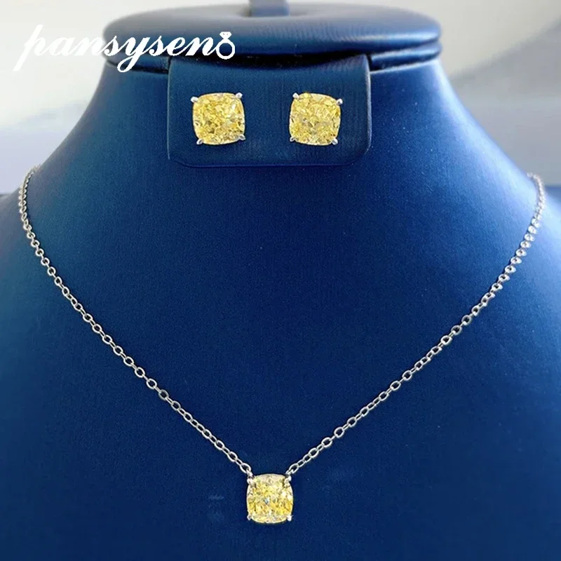 

PANSYSEN Sparkling 925 Sterling Silver 1.5CT Radiant Cut Citrine Sapphire Lab Diamond Necklace Earrings Jewelry Sets for Women