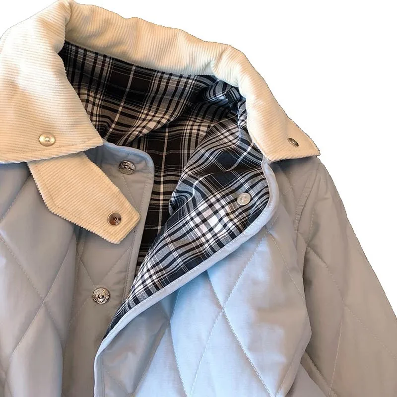 2025 feminino azul engrossado curto casaco de algodão quente com jaqueta de algodão e jaqueta de algodão, elegante pequeno emenda algodão c