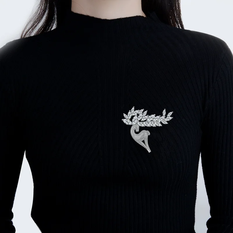 Women Fashion Luxury 925 Sterling Silver Shiny Crystal CZ Cute Deer Reindeer Brooch For Lady Party Brooches Pins Gift Jewelry