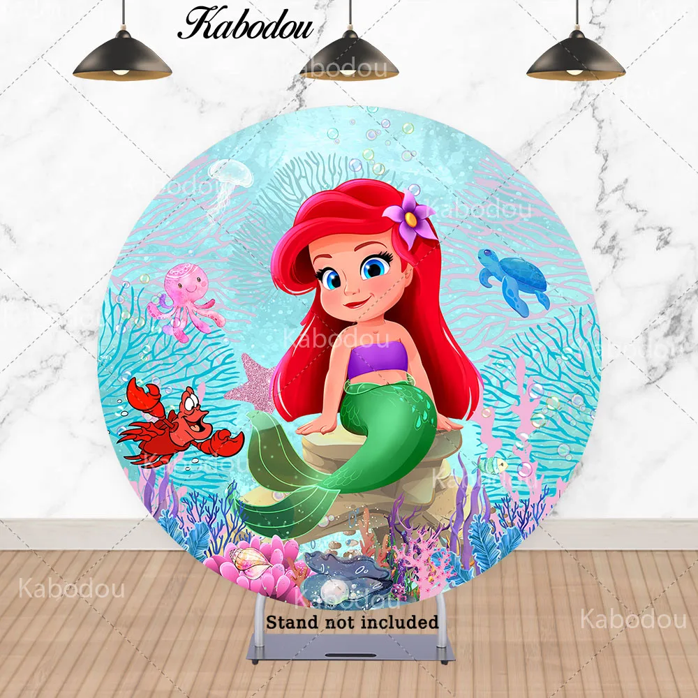 Little Mermaid Round Photo Backdrop Disney Princess Ariel Girls Birthday Circle Photography Background Booth Cylinder Covers