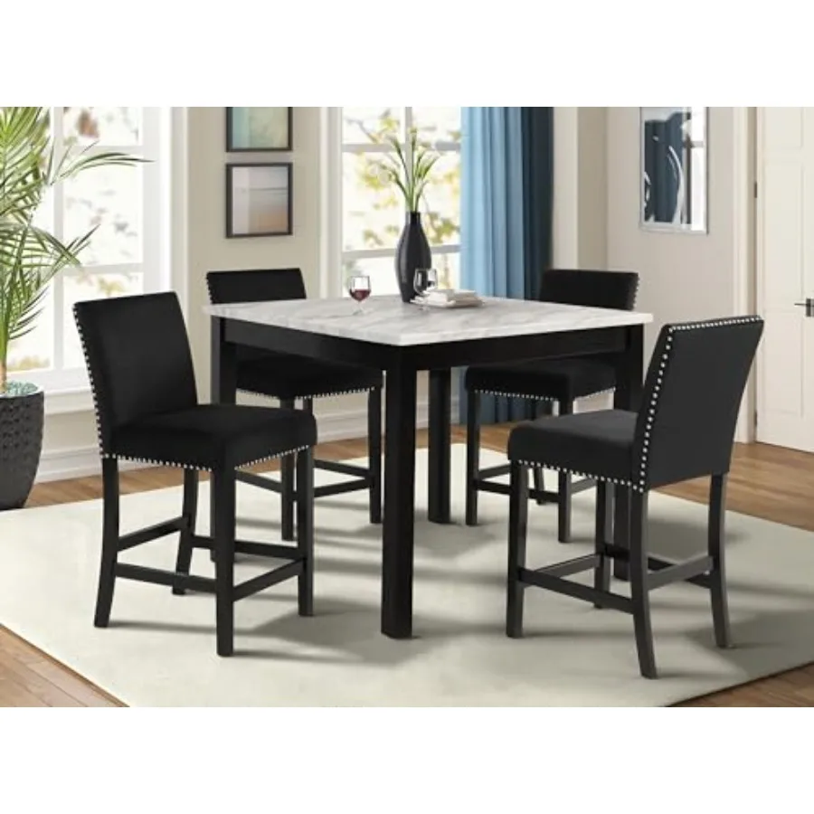

5pc Counter Height Dining Set Square White Faux Marble Table Black Velvet Upholstered Tufted Nail Head Chairs Wooden Leg Dining
