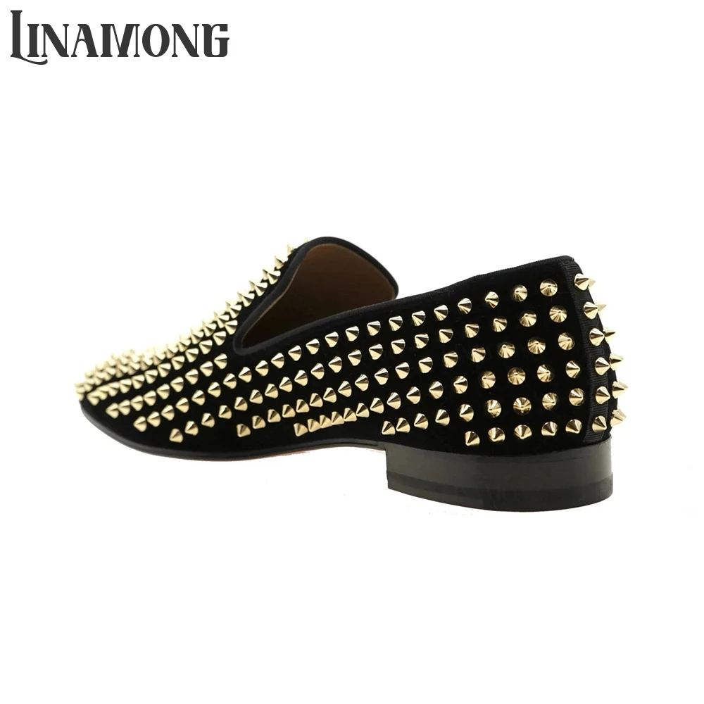 Gold Spikes Loafers Black Velvet Dress Shoes Designer Style Slip-On Punk Leather Shoes Handmade Classic Rivet Leather Men Shoes