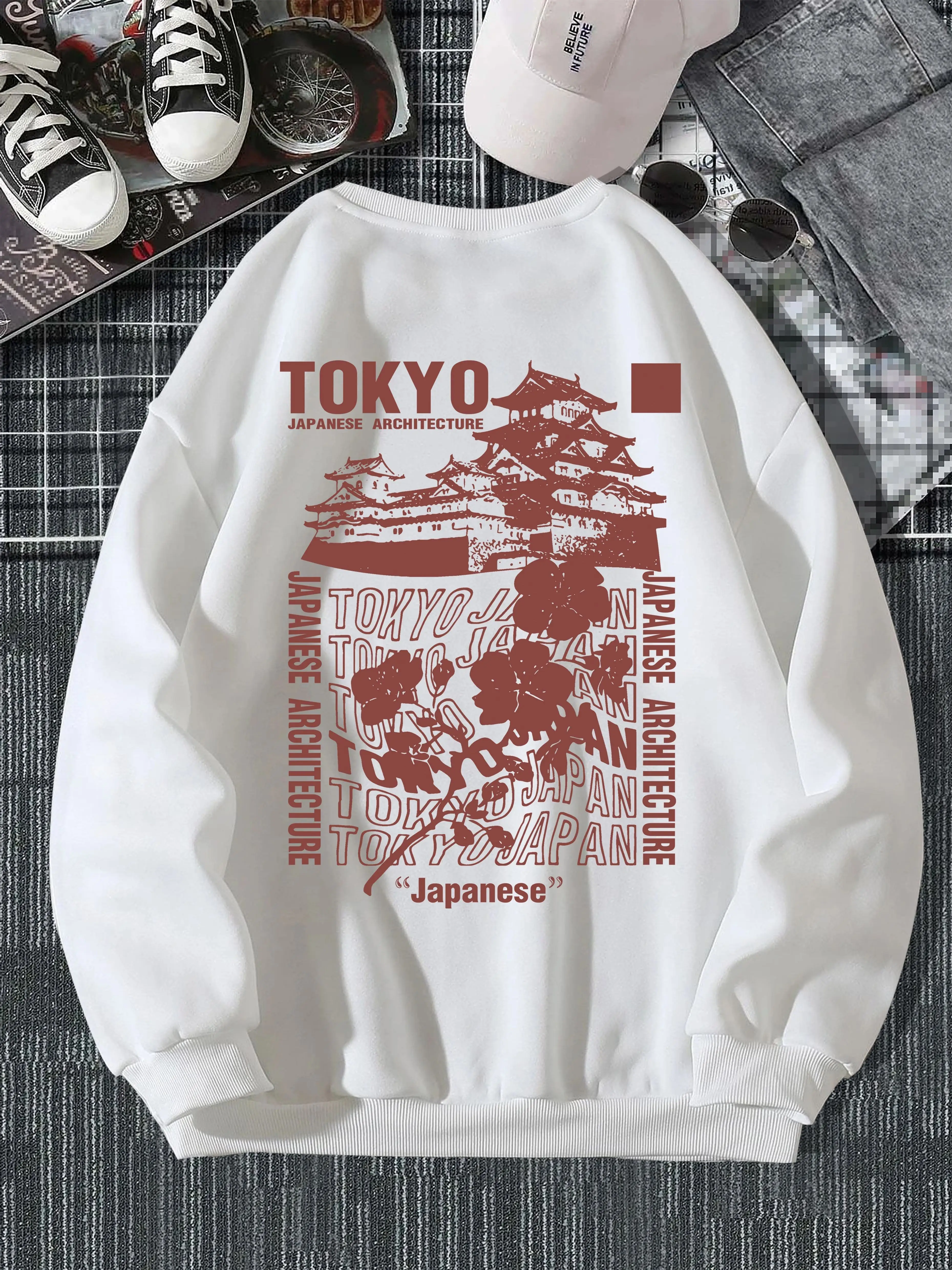 Japanese Tokyo Sakura Printing Spring Casual Women Pullover Sweatshirt Warm Soft Hoodies Loose Crewneck Fleece Female Clothing