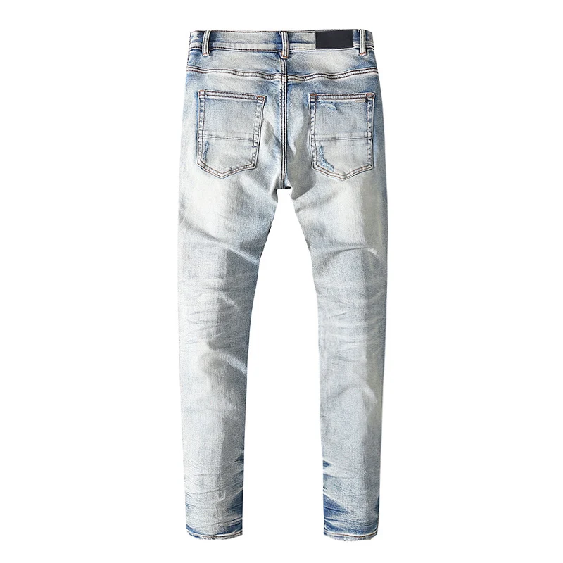 Fashion designer's new men's jeans, washed, nostalgic, perforated, patchwork, jeans, high street hip-hop brand, high-quality ela