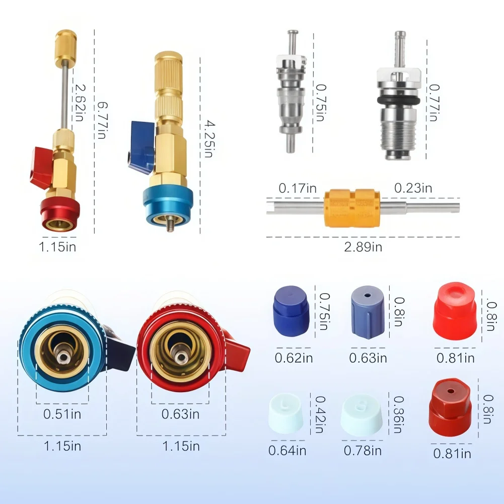 31PCS R134A AC Valve Core Remover Installer Tool Set Brass Quick Coupler With Valve Stem Port Cap For Automotive HVAC Repair Kit