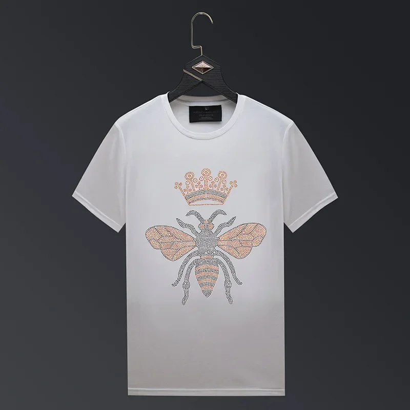 2025 Bright Rhinestones Crown Bee T Shirts Men Short Sleeve Fashion Clothing Streetwear O Neck Modal Cotton Calaveras Camiseta