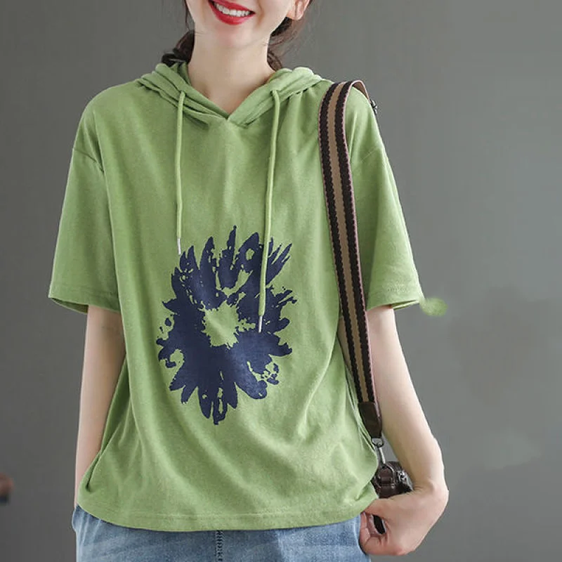 女性用プリント半袖フード付きTシャツ,ルーズフィット,カジュアル,ミニマリストスタイル,用途の広い,新しい夏のコレクション2024