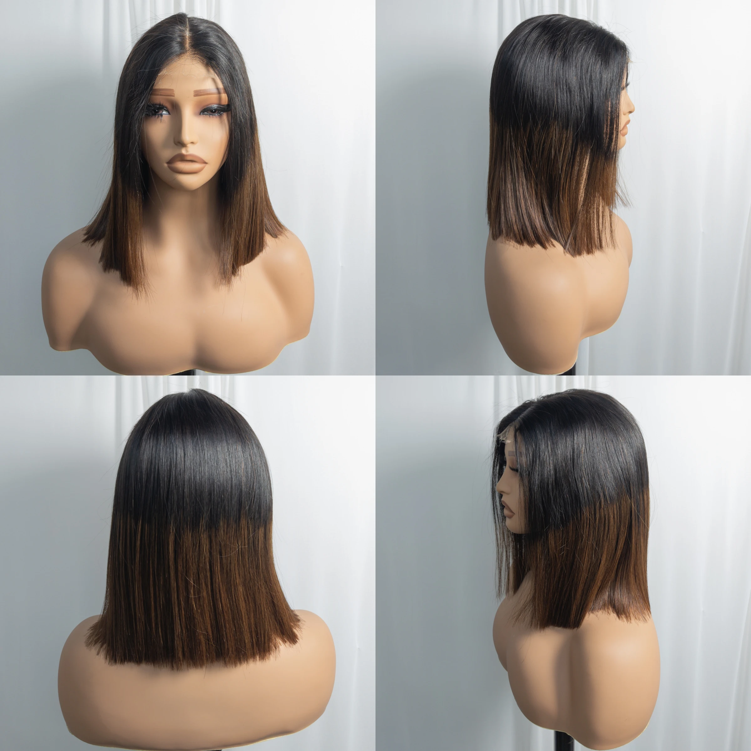 Wig Bob Rambut Manusia Mentah Vietnam dengan Kepadatan 300% 2X6 HD Wig Bob Lurus Tulang Penutup Renda Coklat Coklat 1BT4 Wig Bob Pendek