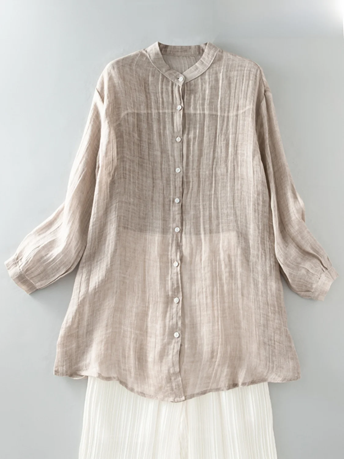 

Casual Linen irt Long Sve Thin Spring Summer Top Button up Stand Collar Midi Length Women's Faion Retro Sle Loose Fit